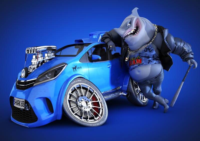 Hai im 3D Cartoon Stil mit Baseballschläger vor getuntem Auto