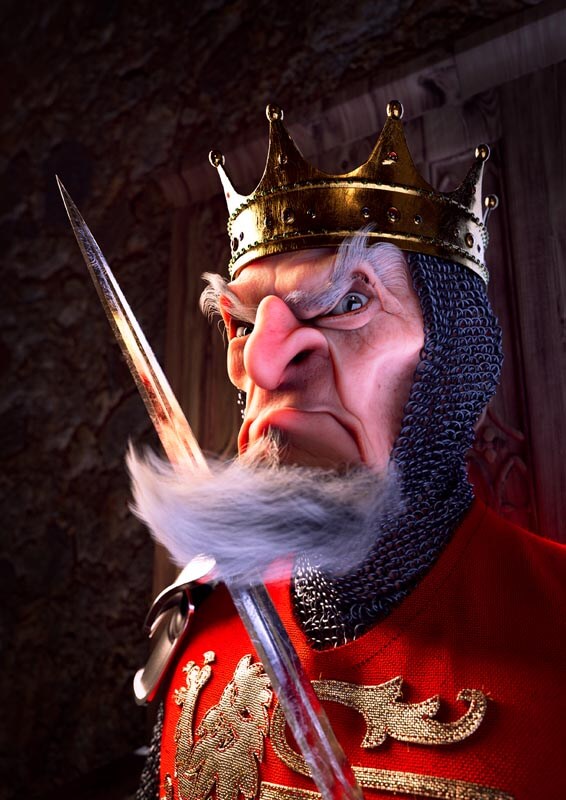 Character Illustration eines bösen Königs mit Schwert und Krone.
