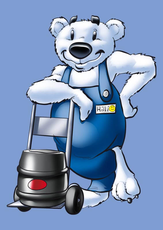 Comic-Illustration Hilli des Eisbären mit einem Bierfass