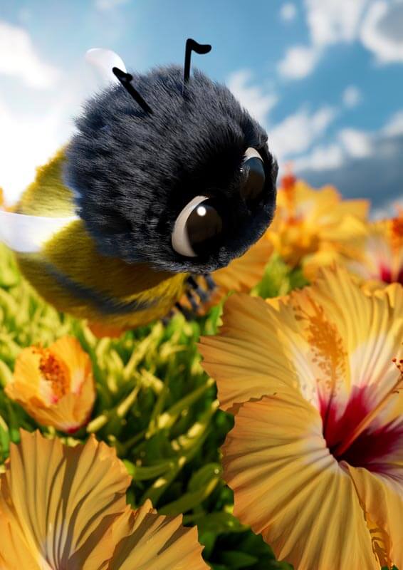 3D Illustration einer Hummel auf einer Blumenwiese