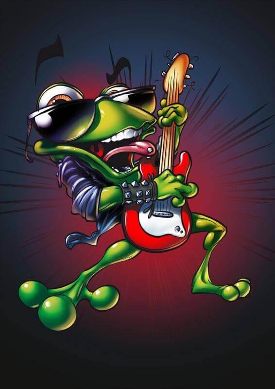 Lustige Comiczeichnung einer Kröte mit E-Gitarre