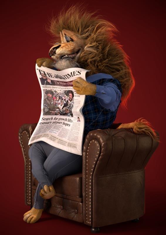 Löwe liest Zeitung in einem Ledersessel