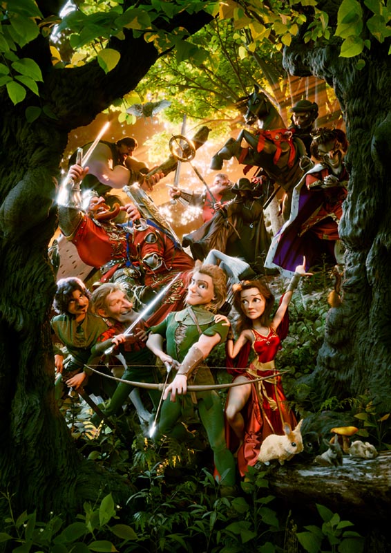 3D-Stil, Character Design von Robin Hood und den Merry Men im Sherwood Forest. Comic Cover.