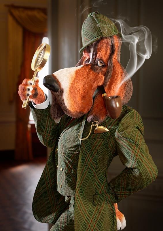 3D-Illustration eines Basset-Hundes im Kostüm von Sherlock Holmes
